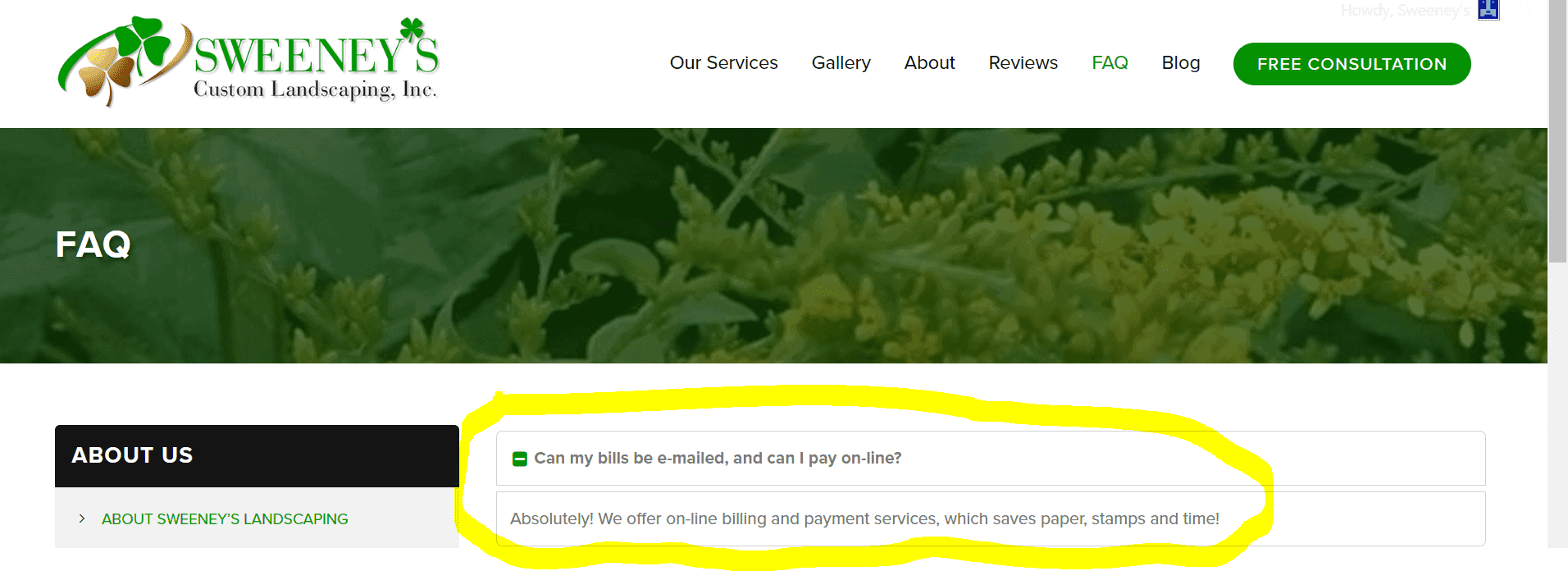 A website FAQ section asks if bills can be emailed and paid online. The answer confirms online billing and payment are available, saving paper, stamps, and time. Text is highlighted in yellow.