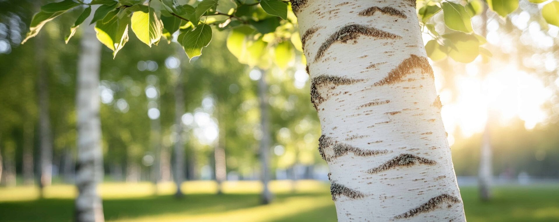 Close-up of a birch tree trunk with white bark and dark markings, surrounded by green leaves and sunlit trees in a park-like setting.