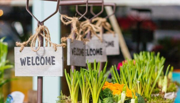 Wooden Welcome sign hanging among vibrant green plants and colorful flowers, with blurred background and additional signs visible.