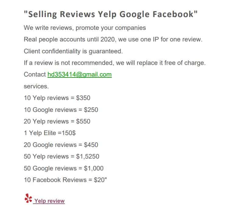 Screenshot of an ad offering to sell positive reviews for Yelp, Google, and Facebook. Lists prices for different review packages and offers client confidentiality with free replacement for rejected reviews. Email contact is included.
